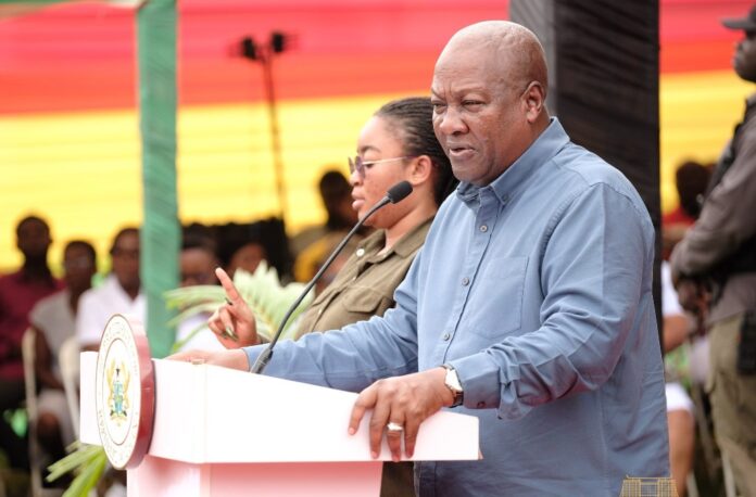 President John Dramani Mahama addressing residents during the Resetting Ghana Tour in the Volta Region, where he commented on Ghana's presidential term limits